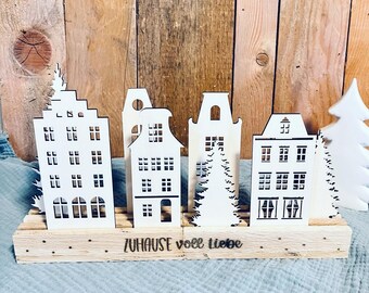 Lichterstadt in Holzleiste, Gravur, personalisiert, Geschenk, Deko, Weihnachten, Häuser, Häuschenleiste