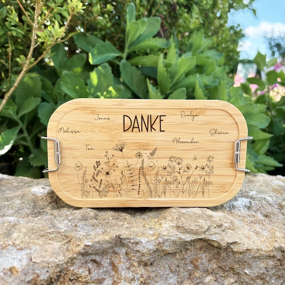 Personalisierte Lunchbox mit Bambusdeckel – Gravierte Brotdose – Geschenk für Kollegen, Lehrer oder Kita – 700ml oder 1100ml