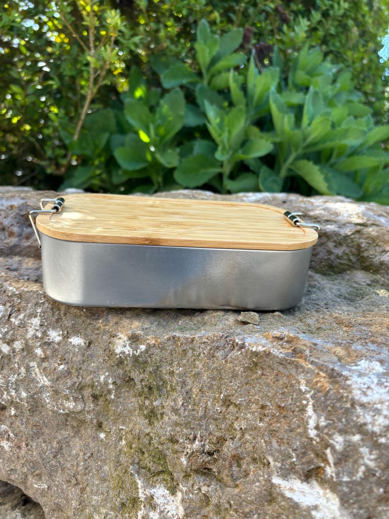 May include: A rectangular stainless steel lunch box with a light brown bamboo lid. The lid is secured with black metal clasps. The lunch box is sitting on a large, textured rock, with green foliage in the background.