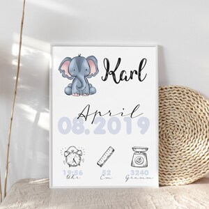 Elephant Birth Date Picture Birth Poster Personalized with Birth Dates and Names Birth Gift for Baby Boy Girl Baptism image 4