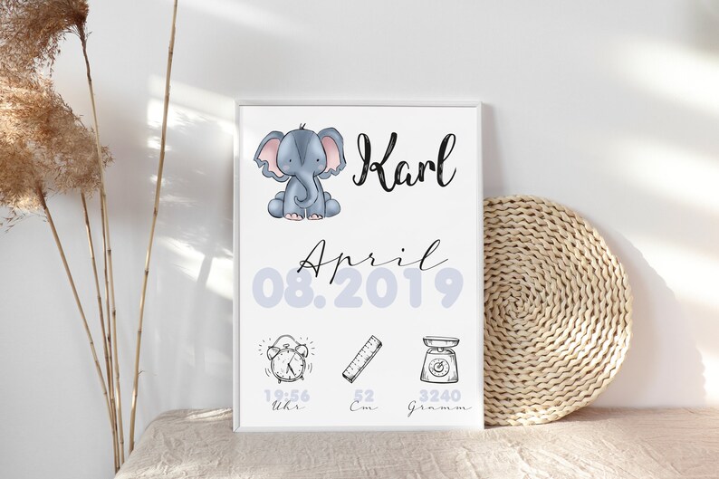 Elephant Birth Date Picture Birth Poster Personalized with Birth Dates and Names Birth Gift for Baby Boy Girl Baptism image 4