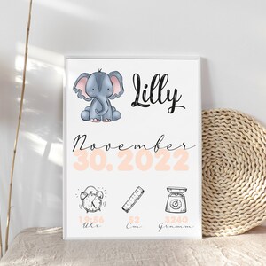 Elephant Birth Date Picture Birth Poster Personalized with Birth Dates and Names Birth Gift for Baby Boy Girl Baptism image 3