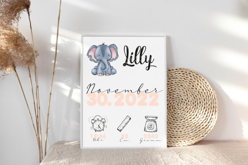 Elephant Birth Date Picture Birth Poster Personalized with Birth Dates and Names Birth Gift for Baby Boy Girl Baptism image 3