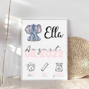 Elephant Birth Date Picture Birth Poster Personalized with Birth Dates and Names Birth Gift for Baby Boy Girl Baptism image 1