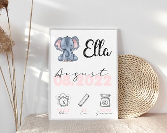 Elefant Geburtsdatenbild Geburtsposter personalisiert, mit Geburtsdaten und Namen, Geschenk zur Geburt für Baby Junge Mädchen, Taufe