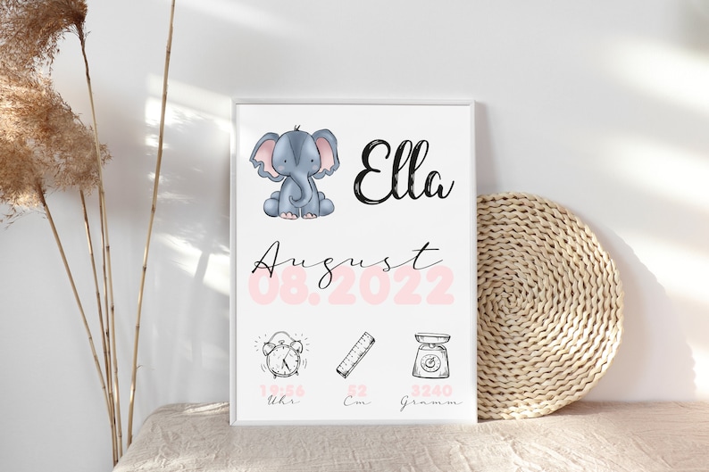 Elephant Birth Date Picture Birth Poster Personalized with Birth Dates and Names Birth Gift for Baby Boy Girl Baptism image 1