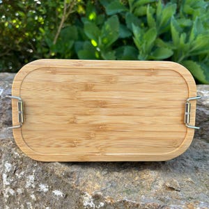 May include: A rectangular bamboo lunch box with rounded corners and a natural wood grain finish. The lid is secured with two silver metal clasps. The lunch box is sitting on a gray rock, with green foliage in the background.