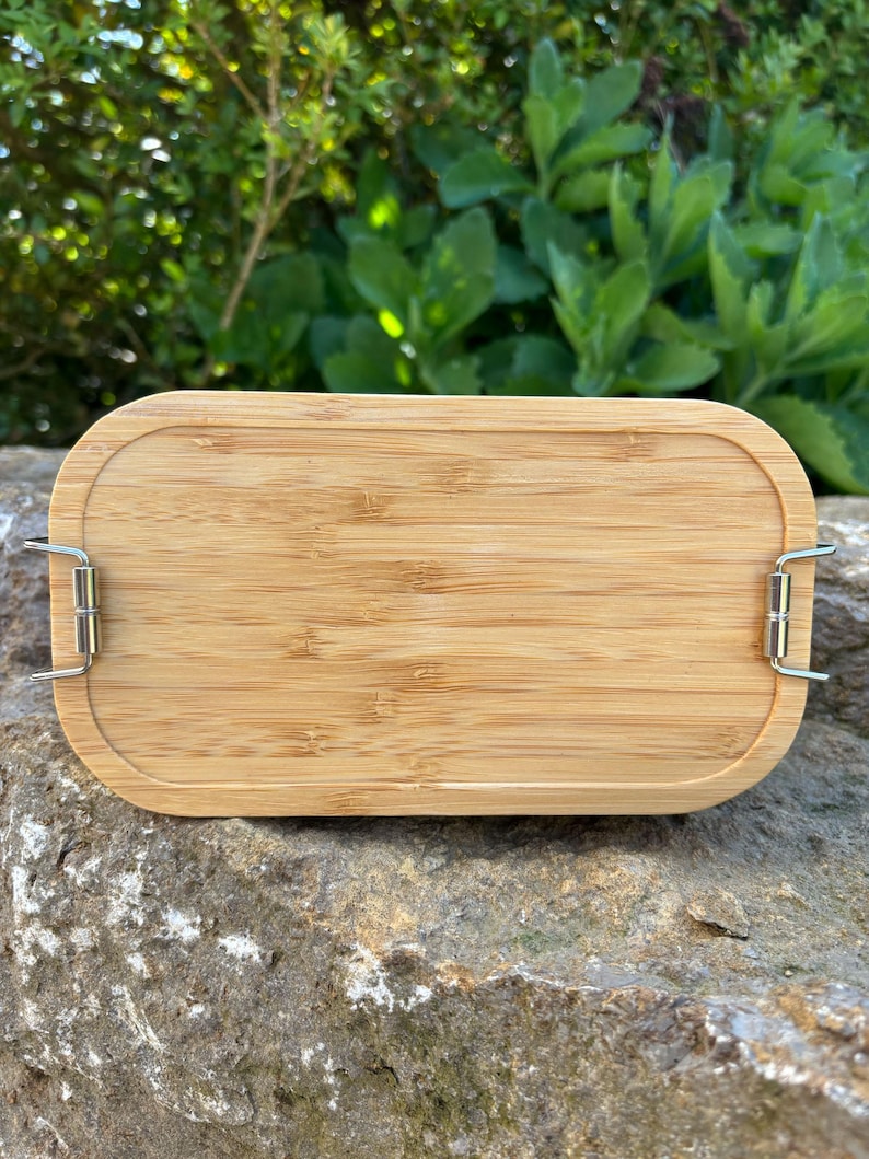 May include: A rectangular bamboo lunch box with rounded corners and a natural wood grain finish. The lid is secured with two silver metal clasps. The lunch box is sitting on a gray rock, with green foliage in the background.
