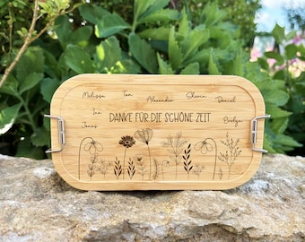 Personalisierte Lunchbox mit Bambusdeckel – Gravierte Brotdose – Danke+Blumen – Geschenk für Kollegen, Lehrer oder Kita – 700ml oder 1100ml