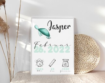 Turtle Birth Date Picture Birth Poster Personalized with Birth Dates and Names Birth Gift for Baby Boy Girl Baptism