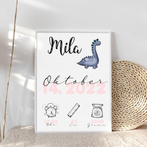 Cartel de nacimiento con imagen de datos de nacimiento de Dino personalizado con datos y nombres de nacimiento, regalo de nacimiento para padres de bebés niño y niña, bautismo imagen 3