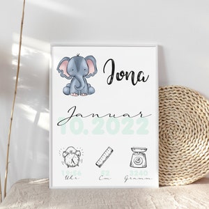 Elephant Birth Date Picture Birth Poster Personalized with Birth Dates and Names Birth Gift for Baby Boy Girl Baptism image 2