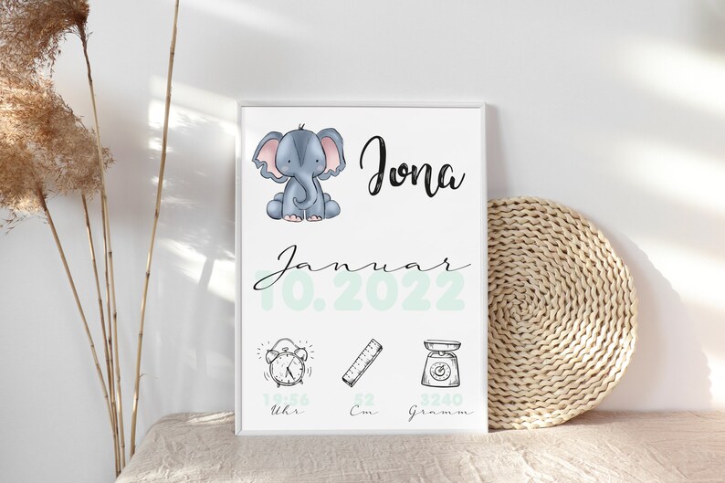 Elephant Birth Date Picture Birth Poster Personalized with Birth Dates and Names Birth Gift for Baby Boy Girl Baptism image 2