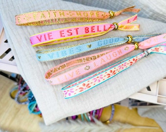 Pulsera texto, tamaño ajustable, pulsera de tela, estilo boho, estilo Ibiza, cintas neón, pulseras de la amistad, regalo, cosita, souvenir