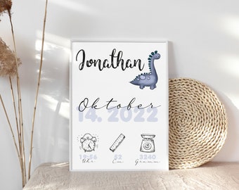 Dino birth data picture birth poster personalized with birth data and names, birth gift for baby parents boy and girl, baptism