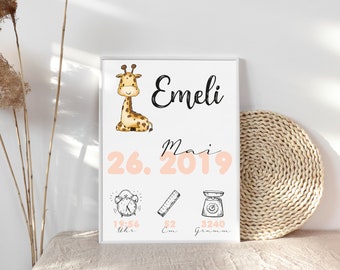 Giraffe Birth Date Picture Birth Poster Personalized with Birth Dates and Names Birth Gift for Baby Parents Boys Girls Baptism