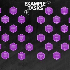 May include: A black chalkboard with a white title "Example Tasks" and a series of purple hexagonal shapes with white text and icons. Each shape contains a different task or activity.