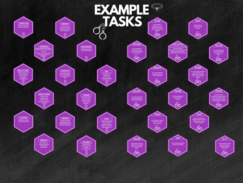 May include: A black chalkboard with a white title "Example Tasks" and a series of purple hexagonal shapes with white text and icons. Each shape contains a different task or activity.