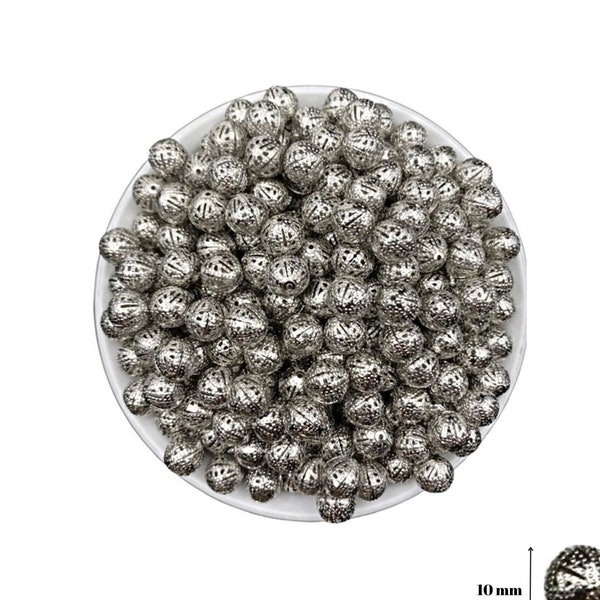 Filigree Silver Metal Beads, Filigree ball beads, Round Spacer Beads, Filigree Round Beads, Hollow Ball Beads, Mesh Beads 10mm