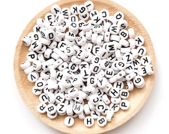7mm White Acrylic Flat Letter Beads, Alphabet Letter Beads, Assorted Mixed A-Z, Plastic Letter Charm, Round Acrylic Beads, ABC Letter Beads