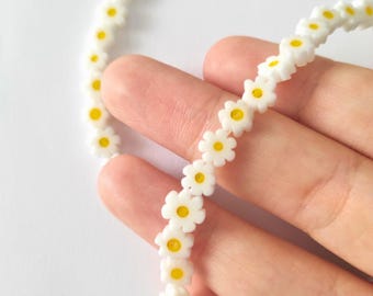 Hand Made Murano Glass Daisy Beads, White Daisy Beads, Millefiori daisy beads, Handmade Millefiori Glass, Glass Daisy Flower Beads 1STRAND