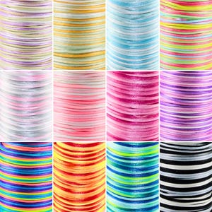 May include: A collection of spools of colorful satin cord in various shades. The cords are tightly wound, displaying a range of colors including pink, blue, yellow, green, and purple. The image is a close-up, highlighting the texture and sheen of the satin.