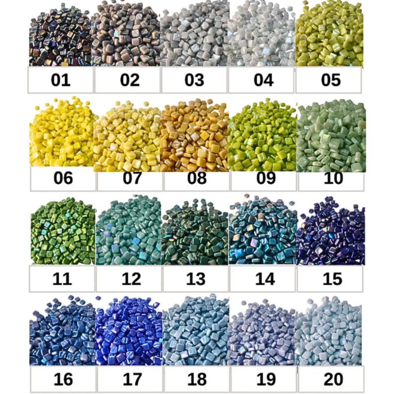 May include: A collection of small, square mosaic tiles in various colors, arranged in rows and labeled with numbers from 01 to 20. Colors range from dark iridescent to light blue and green, with shades of yellow, gold, and gray.