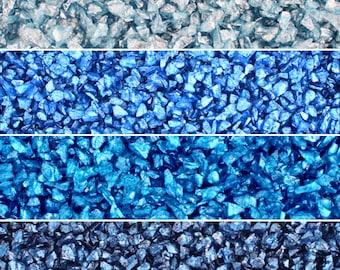 May include: Four rows of blue and light blue iridescent glitter, resembling crushed glass.