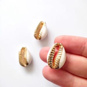 Cowrie Shell Charms, Gold Cowrie Shell Beads, Dainty cowrie shell, gold plated enamel shell pendant, beach inspired jewelry making supply