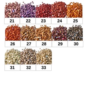 May include: A collection of small, square, iridescent beads in various colors, including shades of brown, purple, red, and gold. Each color is labeled with a number from 21 to 33, likely for a crafting project.