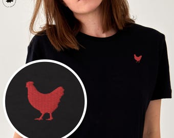 Chicken Embroidery T-Shirt - Cute Minimalist Chest Design - Farm Animal Shirt