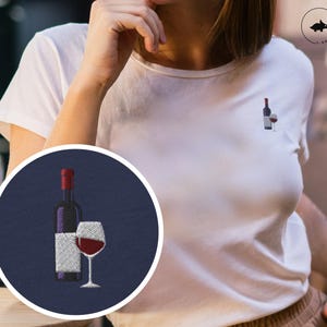 Minimalistisch cadeau wijnshirt - T-shirt wijnborduursel - ontwerp wijnfles en glas