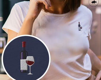 Minimalist Wine Shirt Gift - Wine Embroidery T-Shirt - Vino Bottle and Glass Design