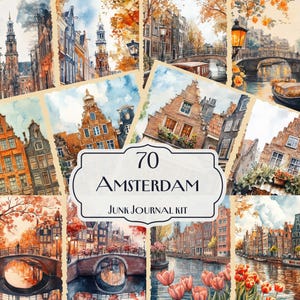 Kit de 70 cuadernos basura de Ámsterdam, casas antiguas en los canales y arquitectura holandesa, acuarelas de paisajes urbanos, páginas para álbumes de recortes de viajes