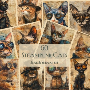 Kit de diário de lixo Steampunk Cats, papéis steampunk, páginas imprimíveis de gatos, diário de lixo steampunk, papel industrial digital