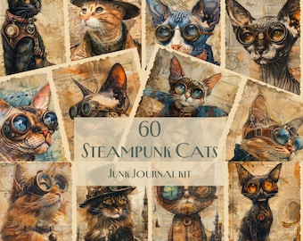 May include: A collage of 60 digital images featuring steampunk cats with goggles and gears. The images are arranged in a grid pattern on a vintage background. The text "60 STEAMPUNK CATS JUNK JOURNAL KIT" is displayed in the center of the collage.