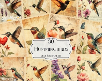 30 Hummingbirds Junk Journal Kit, Printable Bird Ephemera Pages, Vintage Floral Scrapbook Paper, Botanical Collage Sheets, Nature Bird Art