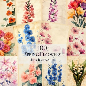 100 lentebloemen Junk Journal Kit, vintage bloemen ephemera, afdrukbare botanische plakboekpagina's, bloemen collagebladen,