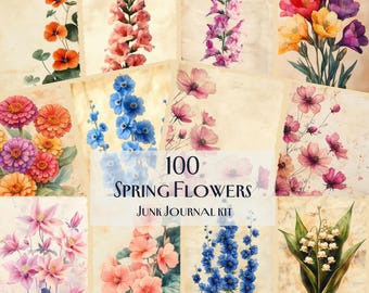 100 Spring Flowers Junk Journal Kit, Vintage Floral Ephemera, Printable Botanical Scrapbook Pages, floral Collage Sheets,