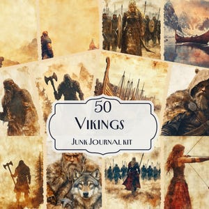 50 Vikings Junk Journal Kit, Nordic Warrior digitale papieren, Vikingschip en Noorse mythologiekunst, historische plakboekpagina's, rustieke Vikingen