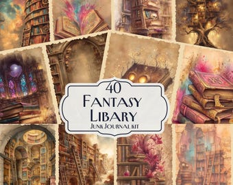 40 skräpjournaler från fantasybiblioteket, utskrivbara magiska böcker, förtrollade ephemera-böcker, kollageark för trollkarlar, papper för klippböcker