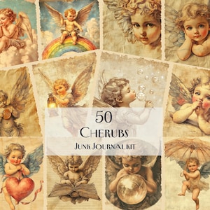 Cherubs Junk Journal Kit, carte digitali vintage Angel, effimeri romantici, kit di scrapbooking stampabile, decorazioni celestiali