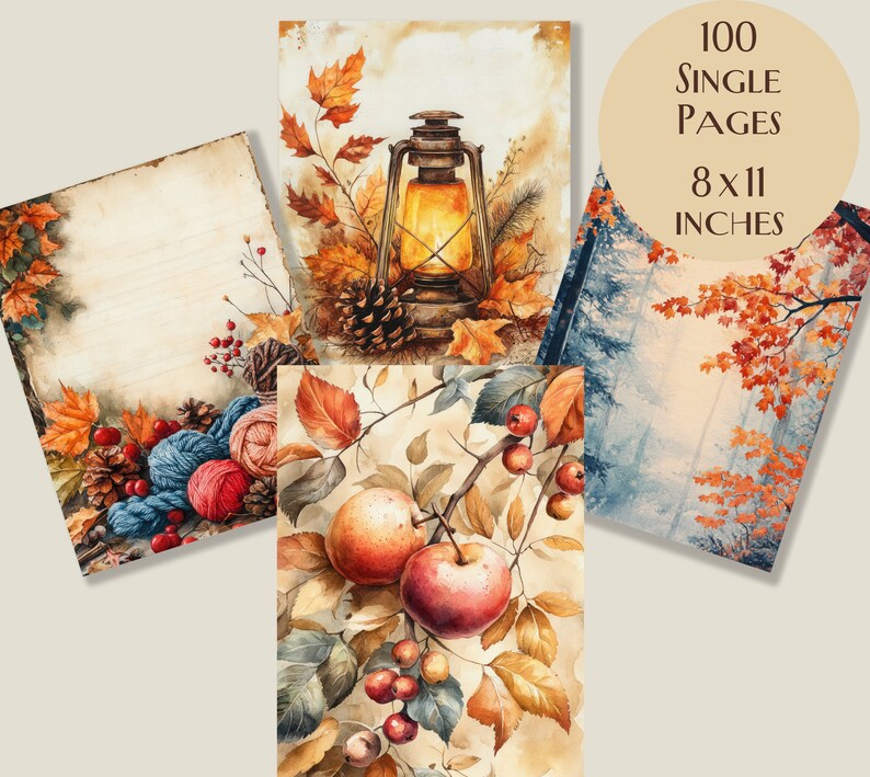 May include: A collection of watercolour art prints with autumnal themes. The prints depict a lantern, apples, fall foliage, and yarn. The prints measure 20 x 28 cm and contain 100 single pages. The colour palette includes warm tones of orange, red, and brown.