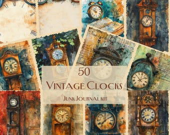 Vintage clocks Junk Journal Kit, vintage journal kit, vintage clocks, scrapbooking, antique clocks journal kit, printable clocks