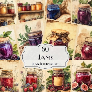 May include: A digital collage of 60 jam jar images for junk journaling. The jars are filled with various jams and jellies in shades of red, purple, and blue. The jars are surrounded by fruit, flowers, and leaves.