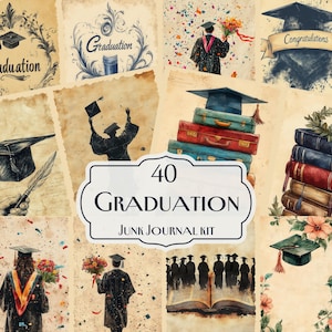 40 Graduation Junk Journal kit, Grad Party Decor, Graduation digitale papers, afstuderen efemere, vintage afstuderen collage