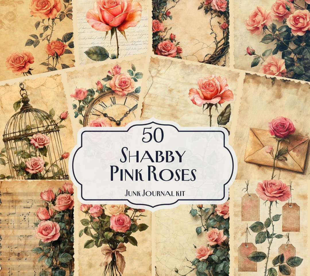 Shabby Pink Roses Junk Journal Kit – 50 Vintage Floral Printable Pages ...
