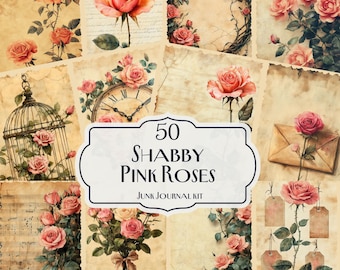 Shabby Pink Roses Junk Journal Kit – 50 Vintage Floral Printable Pages for junk journaling