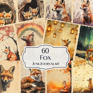 Kit diario di 60 Fox Junk, effimeri di volpe, stampe vintage sulla natura, animali della foresta autunnale, pagine di album rustici, carte digitali carine di volpe