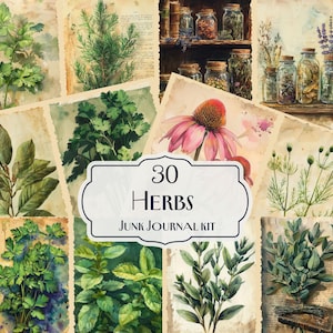 Zestaw 30 ziół Junk Journal, Vintage Botanical Printables, Herb Ephemera do scrapbookingu, Cottagecore Garden Art